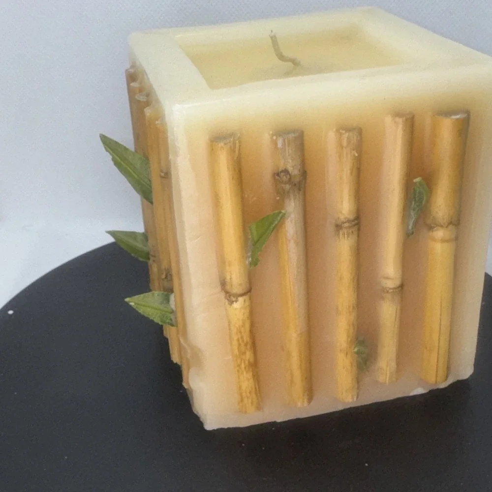 Bamboo Pillar Candle Wrapped Made In USA Square 4